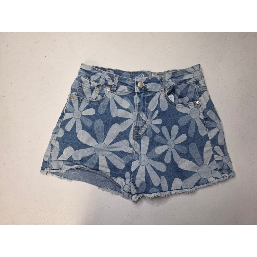 Jordache Girls Daisy Floral Print Denim Shorts Blue Raw Hem Size 14 Adjustable